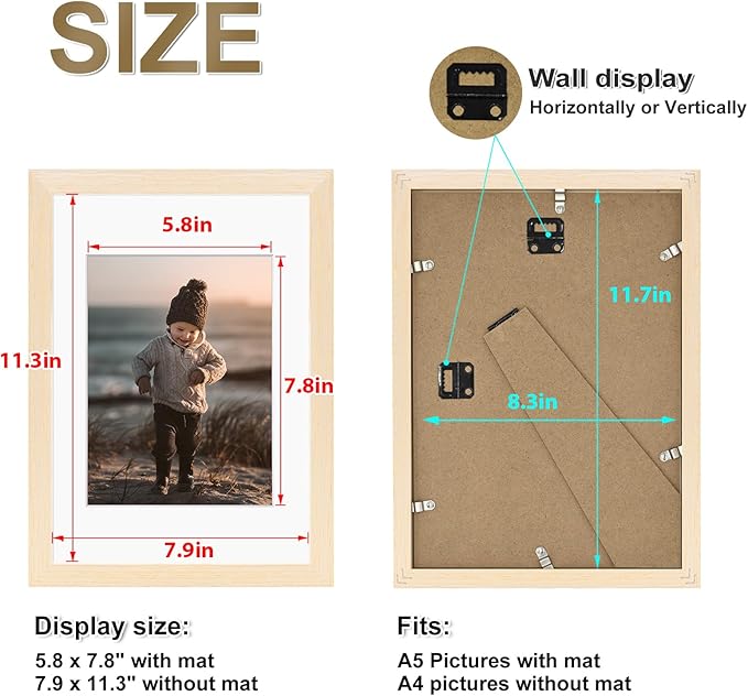 KINLINK A4 Picture Frame, White Oak Solid Wood Frames with Acrylic Plexiglass for Pictures A5 with Mat or A4 without Mat, Tabletop and Wall Display Photo Frame 4 Pack