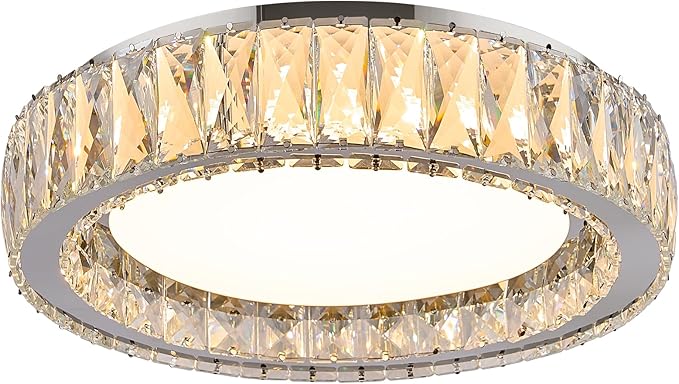 Crystal Chrome Flush Mount Ceiling Light,LED Dimmable 5CCT 3000K-6000K Lighting Fixtures Modern Round 36W Chandelier for Kitchen Entryway Bedroom Dining Room 15 Inch