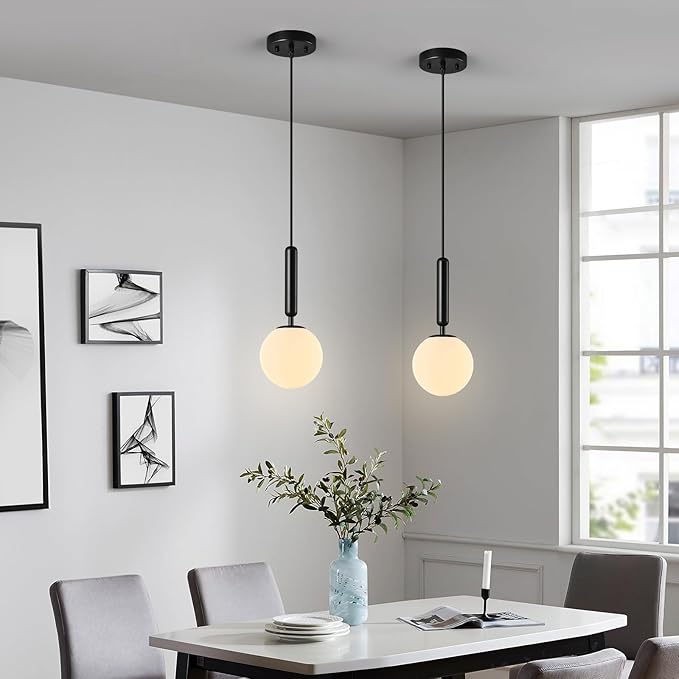 Modern Hanging Light Fixture Pendant Lighting for Kitchen Island Mid Century Black Pendant Lights with Globe Milky White Glass Pendant Light for Bedroom Bathroom Entryway (3 Pack)