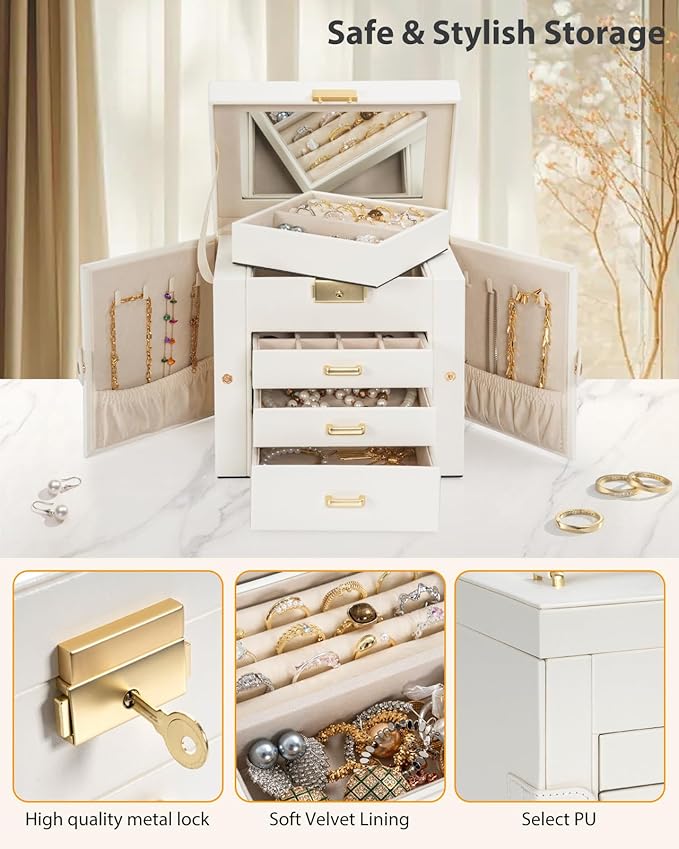 AKOZLIN 4-Tier Jewelry Box Leather Jewelry Storage Organizer with 3 Drawers Lockable for Women Girls Ring Necklace Earring Bracelet Holder with Mirror White