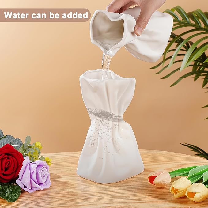 Paper Bag Vase Set of 2, White Ceramic Vases, Flower Vases, Aesthetic Minimalist Boho Vase for Modern Trendy Home Room Table Centerpiece Decor