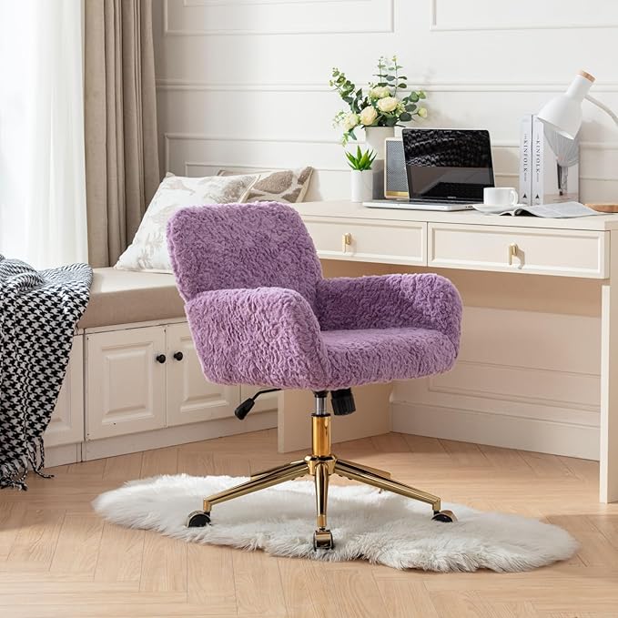 Goujxcy Faux Fur Home Office Teddy Fabric Swivel Chair - Height Adjustable Purple Elegant Vanity Chair for Teen Girls