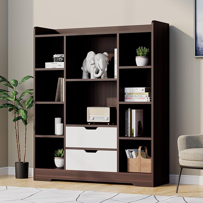 Cozy Castle Kids Bookshelf with Storage, Toy Storage Organizer with 2 Drawers and 10 Cubes 4-Tier Bookcase for Bedroom, Playroom, Hallway, Living Room(Brown & White)