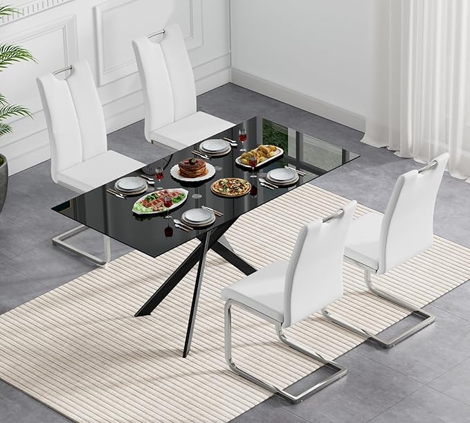 Goujxcy Modern Glass Dining Table Set for 4, Black Glass Kitchen Table and Chairs Set, 5 Piece Dining Room Table Set with 51" Rectangle Dinner Table and 4 White Leather Dining Chairs
