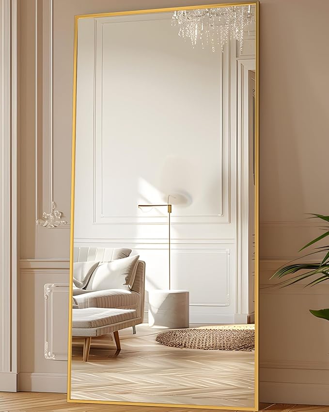 Antok Full Length Mirror, 71"x28" Floor Mirror with Stand, Hanging Mounted Mirrors for Bedroom, Living Room, Cloakroom, Dining Room, Gold, Rect