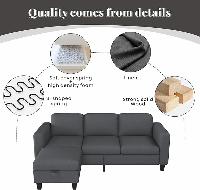 Sectional Sofa Couches for Living Room - L Shaped Cloud Couch-Small Modular 3 Seat-Comfy Linen with Storage Deep Seat Sofa,Washable Covers-Suitable for Living Room-Apartment-Office-Bedroom-Dark Grey
