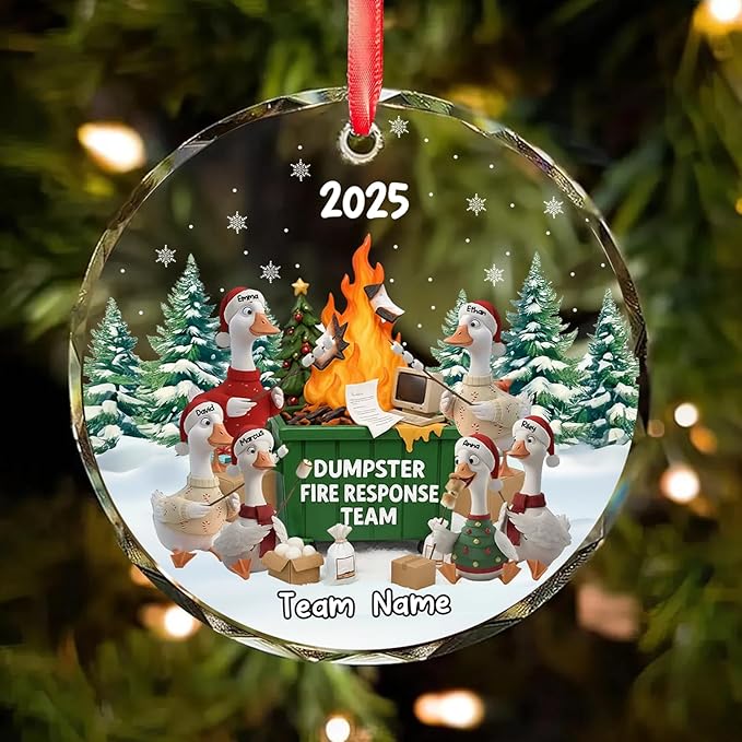 NAZENTI Personalized Funny Goose Fire Response Team Glass Ornament, Custom Flaming Dumpster Holiday Piece, Coworker Christmas Tree Hanging Decoration