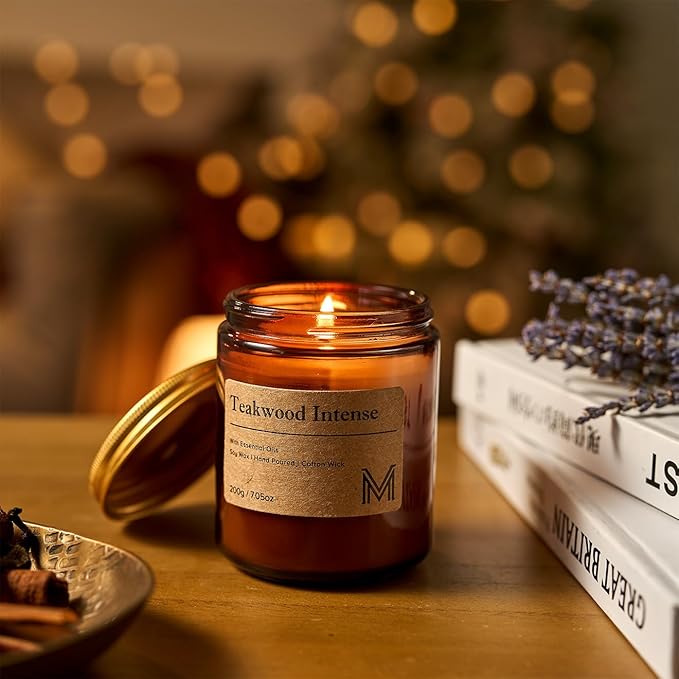 M&SENSE Teakwood Intense Candles for Home Scented Aromatherapy Candle Gift Set for Women and Men,7.05oz Soy Wax Long Lasting Amber Jar Candles Gift for Birthday Housewarming Mother's Valentine Day