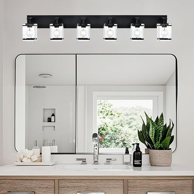 6-Light Bathroom Light Fixture Black Finish, Modern Vanity Lighting with Rectangular Clear Glass for Over Mirror Kitchen E26 Bulb Base