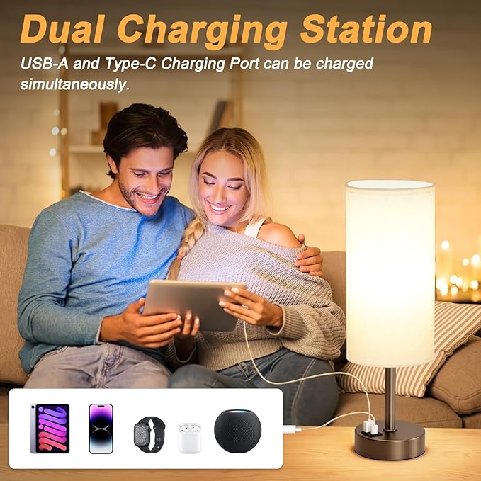 Bedside Touch Table Lamps for Bedroom Nightstand with USB-C USB-A Charging Ports, White & Brown 3 Way Dimmable Small Desk Lamp for Office, Living Room, Reading, Dorm