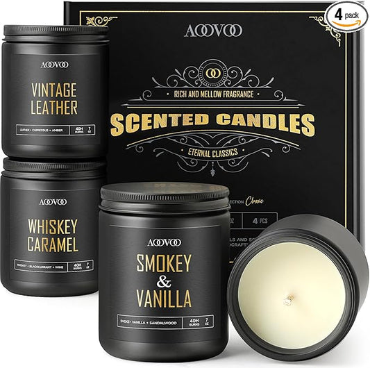 AOOVOO Scented Candles for Men - 4 Pack Candles for Home Scented, 28oz Soy Wax, 200 Hour Burn Time, Men Candle Set, Leather/Smoke & Vanilla/Whiskey Caramel/Lavender Candle Set