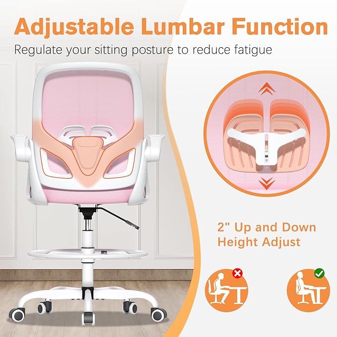 Tall Drafting Chair with Lumbar Support and Footrest Ring, Supportive Tall Extended Height Ergonomic Desk Chair for Home Work, Breathable Mesh Office Chair with Flip up Arms(Pink)