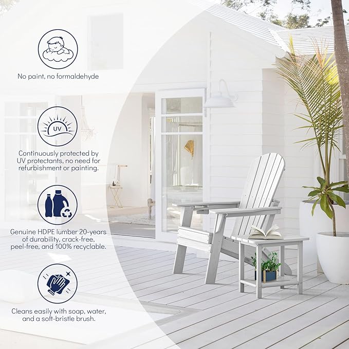 Plawdlik Folding Adirondack Chair, SGS Tested, Wooden Textured with Cup Holder, Heavy All-Weather HDPE Comfortable Set Poolside Backyard Lawn White