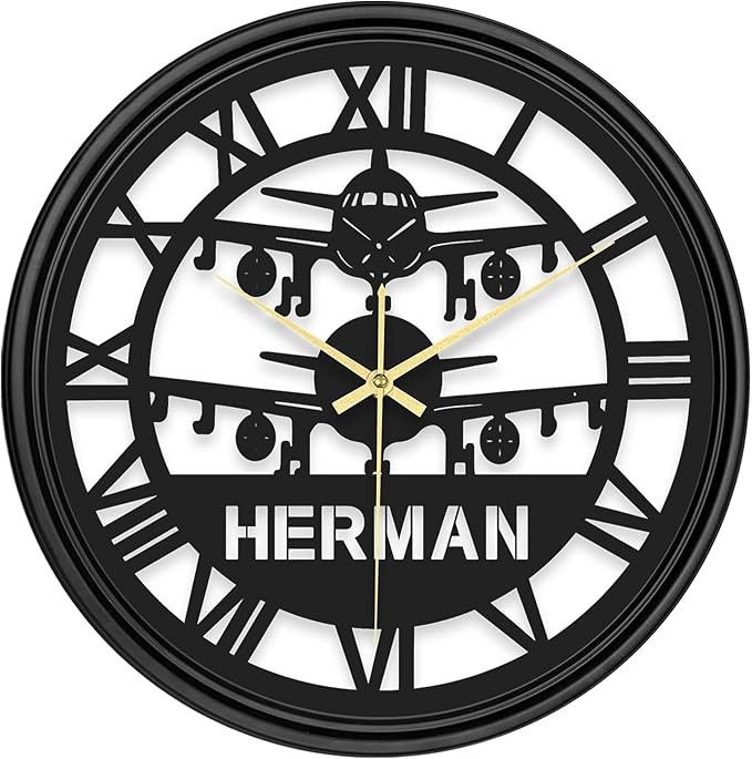 Personalized Name Round Wall Clock, Custom Airplane Hanging Clock with 7 Color Changing, Iron Art Clock, Hanging Decor for Bedroom, Living Room, Home, Office, Housewarming