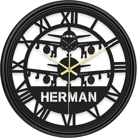 Personalized Name Round Wall Clock, Custom Airplane Hanging Clock with 7 Color Changing, Iron Art Clock, Hanging Decor for Bedroom, Living Room, Home, Office, Housewarming