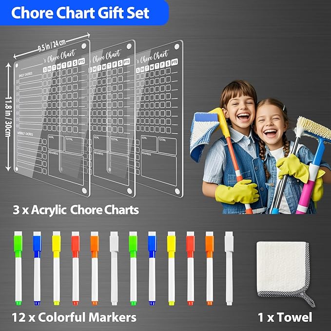 PigPotParty 3 Pack Acrylic Magnetic Kids Chore Chart for Multiple Kids & Family on Fridge – 9.5"x12" Weekly Dry Erase Chore Board with 12 Fine Point Colorful Markers & 1 Towel