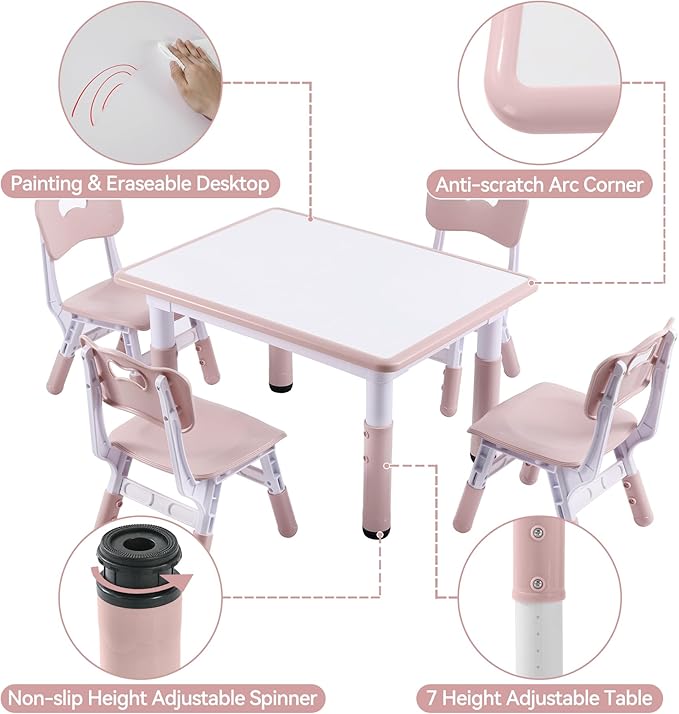 Height-Adjustable Kids Table and 4 Chairs Set, Toddler Table and Chair Set with Graffiti Desktop, 31.5''L x 23.6''W Children Activity Table for Daycare, Classroom, Home