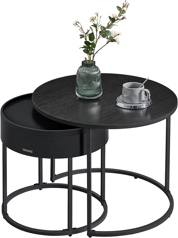 VASAGLE Round Coffee Tables, Set of 2 Nesting Tables, Modern Round Side Tables with Hidden Storage and Top Tray, for Living Room, Bedroom, Office, Ebony Black and Ink Black ULCT044B56