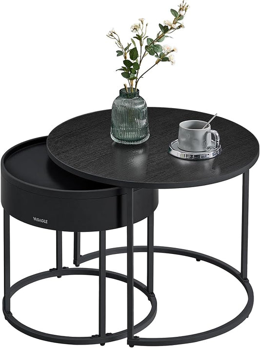 VASAGLE Round Coffee Tables, Set of 2 Nesting Tables, Modern Round Side Tables with Hidden Storage and Top Tray, for Living Room, Bedroom, Office, Ebony Black and Ink Black ULCT044B56
