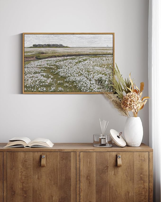 InSimSea Framed Canvas Wall Art Vintage Decor, Classical Grassland Paintings Large Wall Art, Meadow Full of Flowers Wall Pictures for Living Room Farmhouse Bathroom Wall Decor, 16"x24"