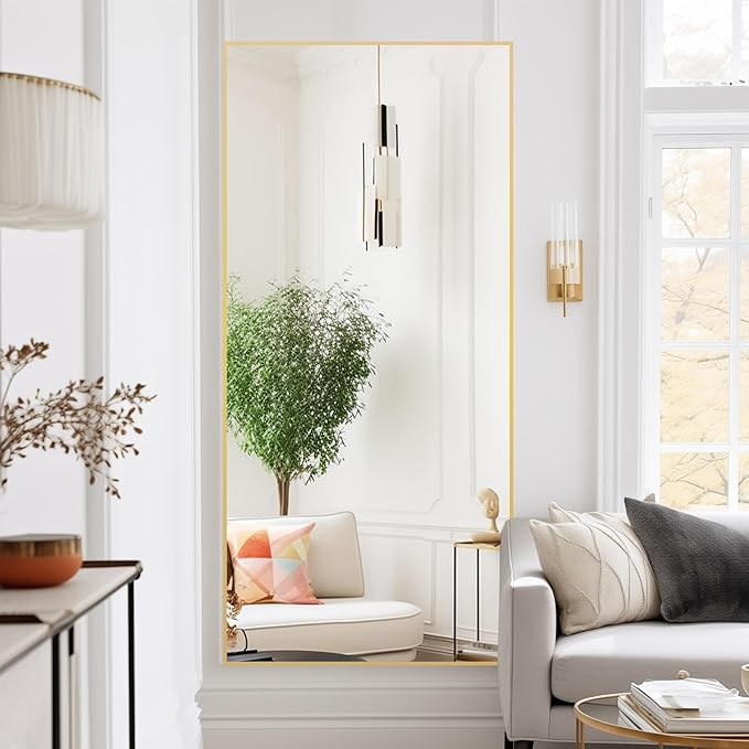 Beauty4U 71" x 32" Large Full Length Mirror with Stand, Gold Wall Mounting Full Body Mirror, Metal Frame Full-Length Tempered Mirror for Living Room, Bedroom