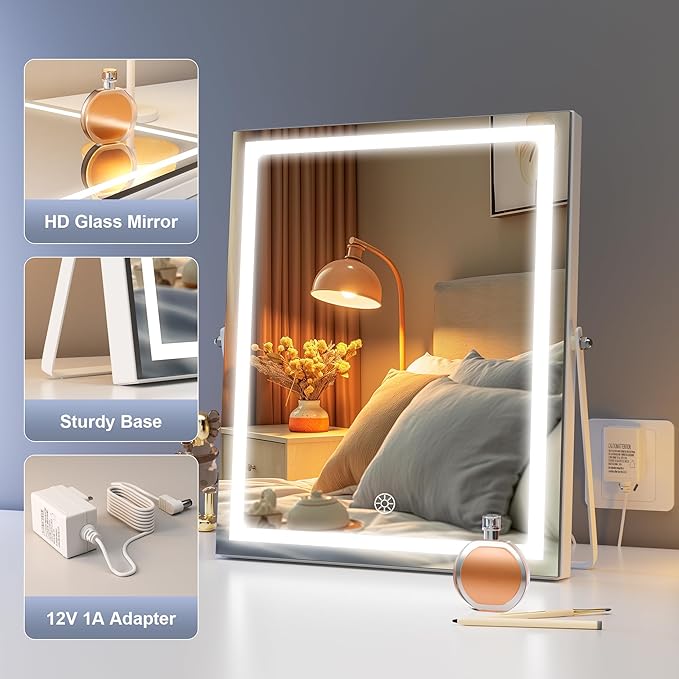 Hasipu Vanity Mirror with Lights, 11.4" x 13.8" LED Makeup Mirror with 10X Magnification, Smart Touch 3 Colors Dimmable, Brightness Adjustment, 360° Rotation, White