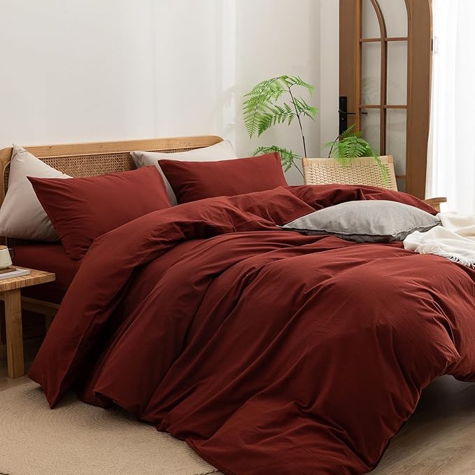 BESTOUCH Duvet Cover Set 100% Washed Cotton Linen Feel Super Soft Comfortable Chic Lightweight 3 PCs Home Bedding Set Solid Fired Brick Red Queen
