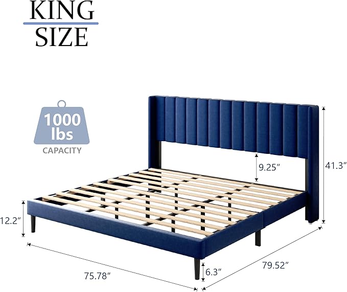 King Size Bed Frame with Upholstered Wingback Headboard, Easy Assemnly Platform Bed, Wooden Slat Support No Box Spring Needed, Navy Blue