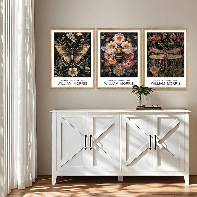 Cyebmo William Morris Wall Art, Vintage Floral Wall Decor, Dark Botanical Art Prints, Butterfly Bee Dragonfly Nature Artwork for Living Room Bedroom Bathroom Wood Framed Ready to Hang 12"x16"x3