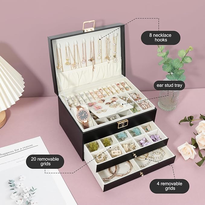 DesignSter Jewelry Box,Jewelry Organizer with 2 Drawers, 3 Layers Leather Jewelry Storage Box with Lock, Jewelry Storage Case for Necklaces Earrings Bracelets and Rings（Black）