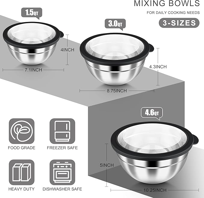 HaWare Mixing Bowls with Airtight Clear Lids, 6-Piece Stainless Steel Strong Nesting Bowls Set, Metal Salad Bowl for Cooking, Prepping, Baking, Serving & Food Storage, Size 4.6, 3, 1.5QT, Black