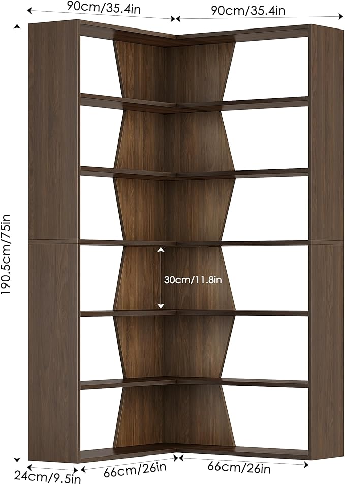 6-Tier Corner Bookshelf, Modern Bookshelf and Bookcase, Tall Bookcase Open Display Storage, L Shaped Corner Shelf for Library, Living Room, Home Office, Rustic Brown