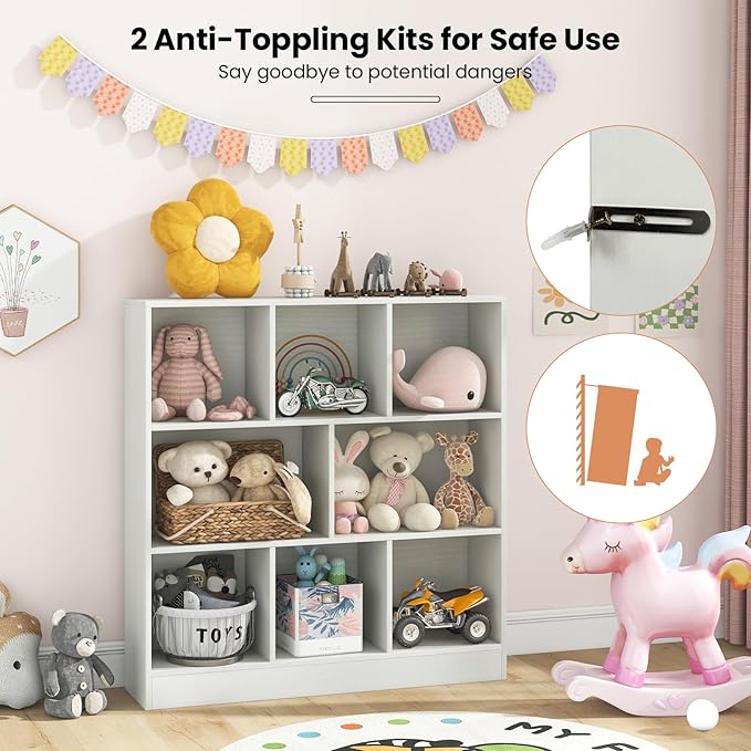 Costzon Wooden Toy Storage Organizer, 8-Cube Kids Bookshelf w/ 2 Anti-Toppling Kits, 3 Tier Open Shelves & Non-Slip Foot Pads, Book Shelf for Kids Rooms, Playroom, Classroom, Nursery (White)