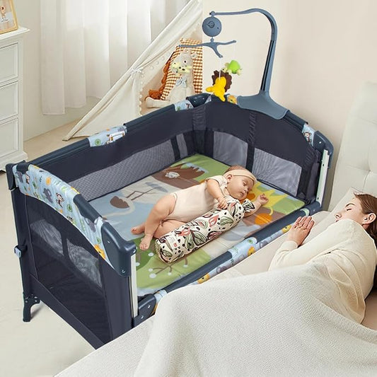 5-in-1 Baby Bassinet Bedside Crib, Pack and Play Long Next to Parents Bed Crib with Toys & Music Box, Mattress, Foldable Playard, Playpen Travel Bed Nursery Center for Girl Boy Infant Newborn