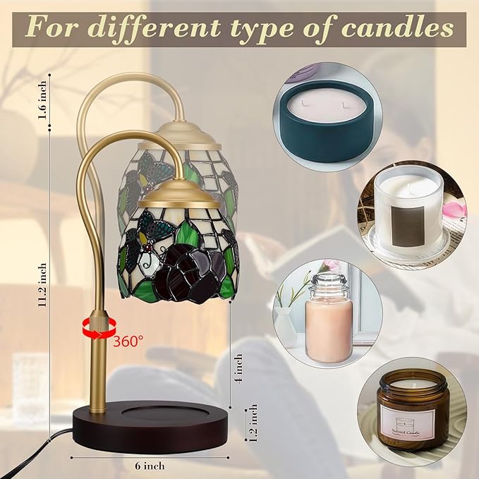 Candle Warmer Lamp with Timer Dimmer, Adjustable Height Candle Warmer for Jar Candles, Birthday Gifts for Women New Home Bedroom Decor Tiffany Butterfly Style Stained Glass with 2 Bulbs