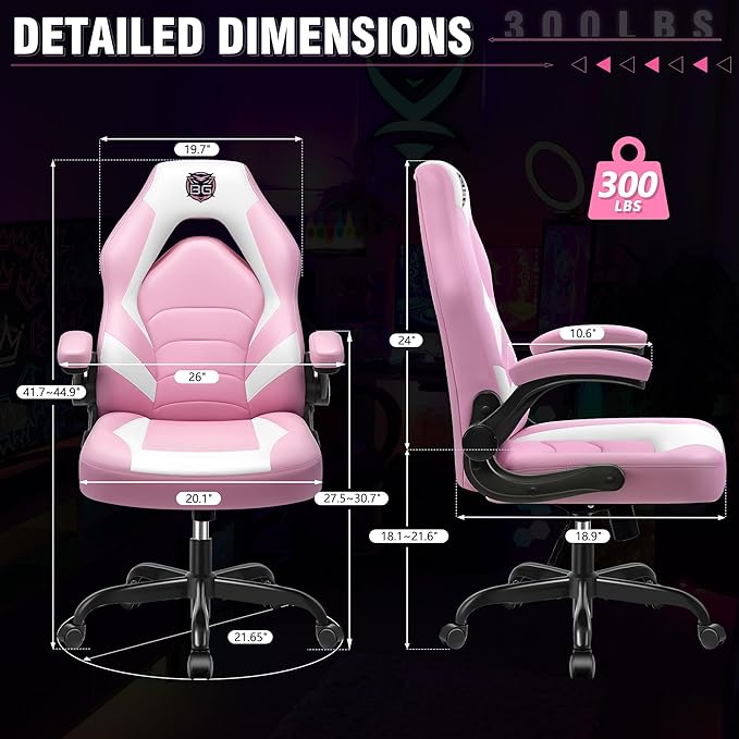 Gaming Chair, Leather High-Back Home Office Desk Chair with Flip-Up Arms, Ergonomic Padded Rolling Wheels Swivel Tilt Gamer Computer Chair with Comfy Lumbar Support, Height Adjustable, Pink