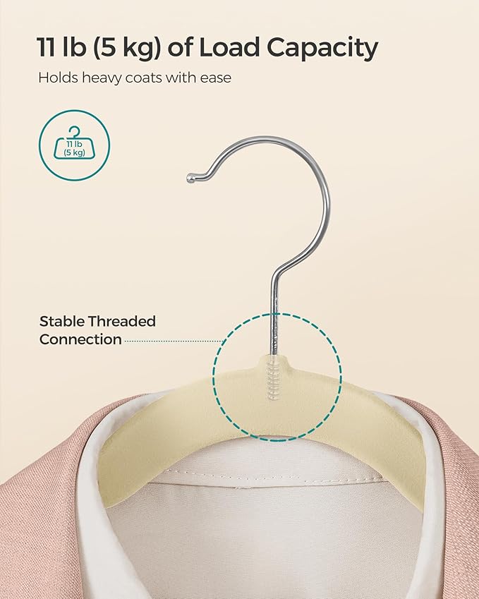SONGMICS Velvet Hangers 50 Pack, Non-Slip Clothes Hangers, Suit Hangers with Shoulder Notches, Pants Bar, 360° Swivel Hook, Space-Saving, for Closet, Surmmer Sand UCRF029K05