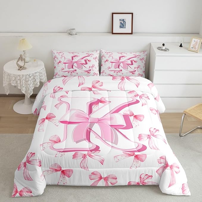 jejeloiu Kids Girls Cute Pink Bow Comforter Set Twin Size Monogrammed Bedding Set Ultra Soft Personalized Initial K Duvet Quilt Coquette Bow Knot Quilt Set Room Decor Modern Fashion Comforter