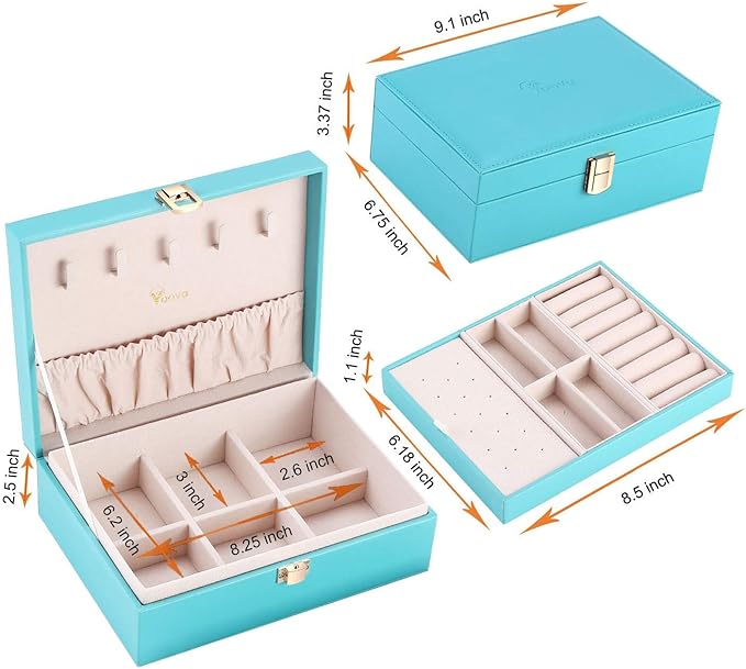 Voova Jewelry Box Organizer for Women Girls, 2 Layer Large Men Jewelry Storage Case, PU Leather Display Jewellery Holder with Removable Tray for Necklace Earrings Rings Bracelets, Gift, Teal/Lake Blue
