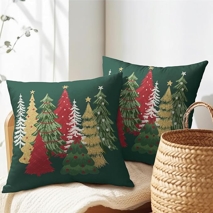 Kawani Christmas Green Decorative Pillow Covers 24x24 Inch Set of 2 Christmas Tree Outdoor Throw Pillow Covers Winter Xmas Holiday Pillowcases Cushion Covers for Home Couch Christmas Decor