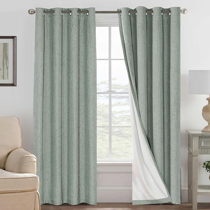 H.VERSAILTEX Bedroom Curtains Blackout Linen Blackout Curtains 84 Inches Long, 100% Blackout Thermal Textured Linen Look Curtain Draperies Grommet with White Liner, 2 Panels, Green Bay