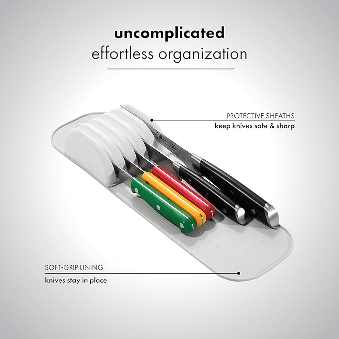 Madesmart Classic 5-Slot Small Knife Holder Storage Mat for Drawers, Soft-Grip Kitchen Knife Block, White/Gray