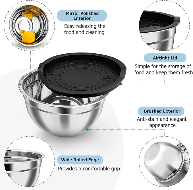 TeamFar Mixing Bowls, 4.6/3 / 1.5 QT, Stainless Steel Nesting Salad Bowls with Airtight Lids Set, For Serving/Mixing/Storing, Healthy & Long-lasting, Dishwasher Safe & Easy Clean, Black