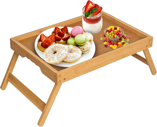 Artmeer Bed Tray Table with Folding Legs,Bamboo Breakfast in Bed for TV Table, Laptop Computer Tray,Eating,Snack Tray(Bamboo) Extra-Large Size