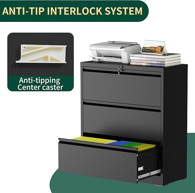 3 Drawer Lateral File Cabinet with Lock, Metal File Cabinets for Home Office, Steel Heavy-Duty Filing Storage Cabinet for Letters/Legal/A4 (Require Assembly, Black)
