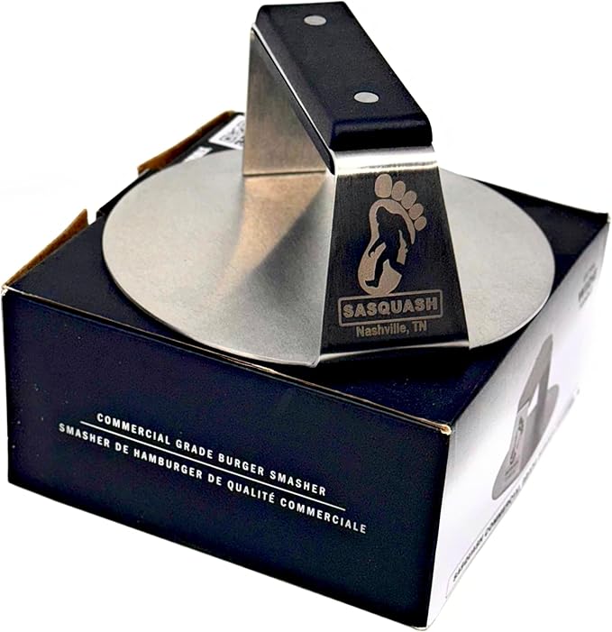 The Sasquash - 6" Heavy Duty Extra Wide Flat Handle Smashed Burger Press - Commercial Grade Welded Stainless Steel Burger Smasher (6 Inch 'Indestructo' Press)