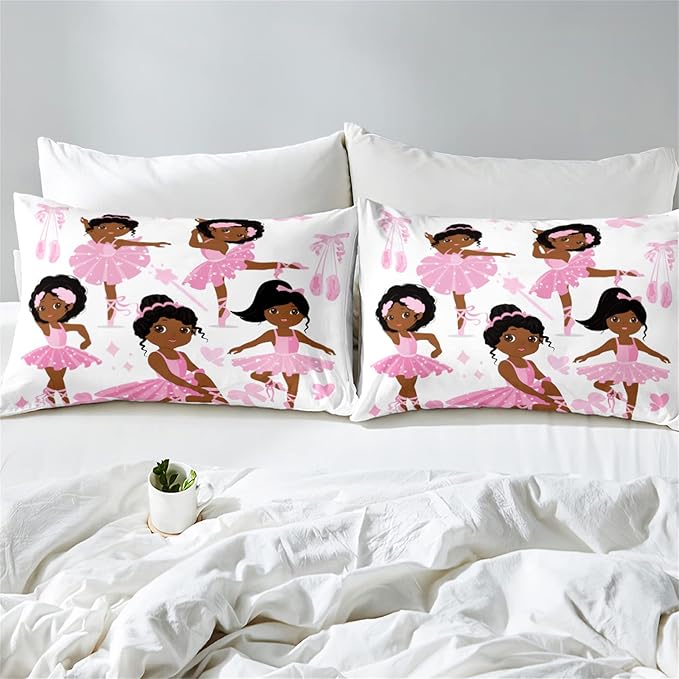 Cute Pink Dancer Bedding Set Full Size 3Pcs Lovely Black Girls Ballerina Patterns Twin Comforter Set for Girls Ultra Soft Princess Bed Decor Quilt Sets, 1 Comforter with 2 Pillowcases