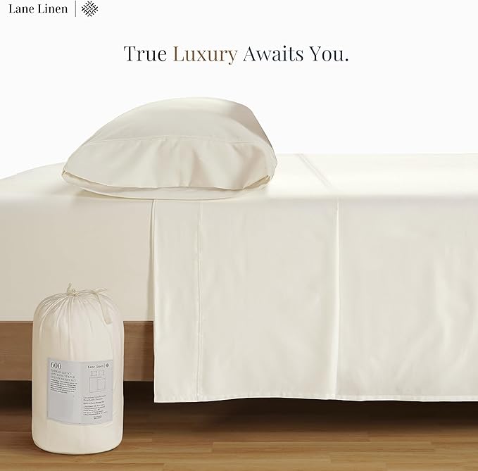 LANE LINEN 100% Cotton 600 TC Soft Twin Bedding Sheets & Pillowcases Set- Sateen Weave Fully Elasticized 15 inch Deep Pocket Twin Sheets, Hotely Like Think Natural Cooling Bedding- Ivory
