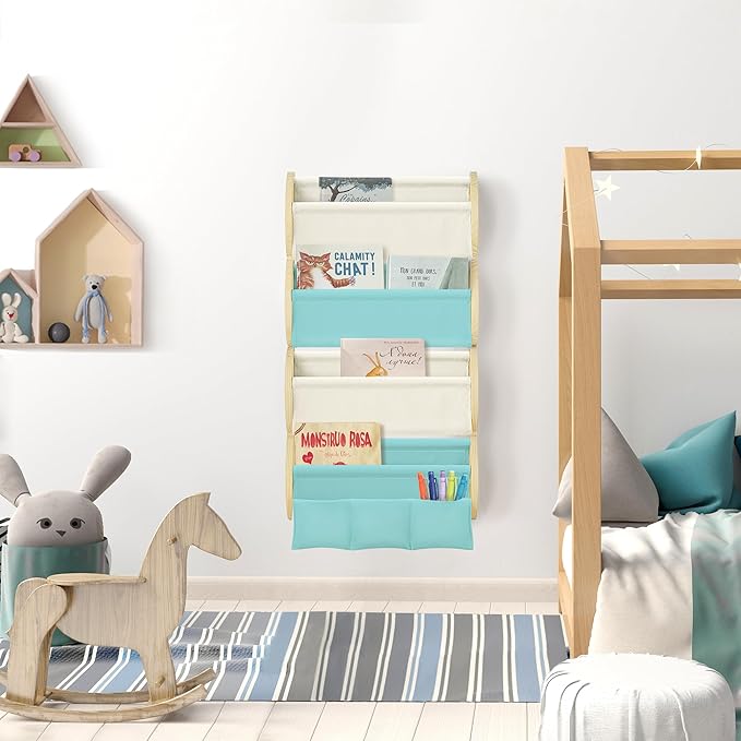 Wooden Wall Mounted Bookshelf for Kids Rooms, 4 Tier Floating Nursery Book Shelf, Kids Bookshelf with 2 Pockets, Toddler Sling Book Rack with Deep Sleeves (Blue)