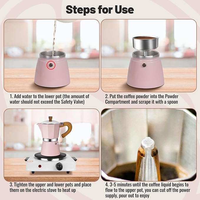 3 Cup Aluminum Moka Pot Classic Stovetop Espresso Coffee Maker 150ml 5oz Coffeemaker Percolator Mocha Pot Greca Coffee Maker Cafe Makers for Italian and Cuban Café Brewing Pink